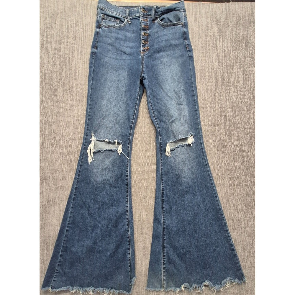 Sneak Peek Bell Bottom Denim Jeans Juniors 13 High Rise Flare Destressed Raw Hem